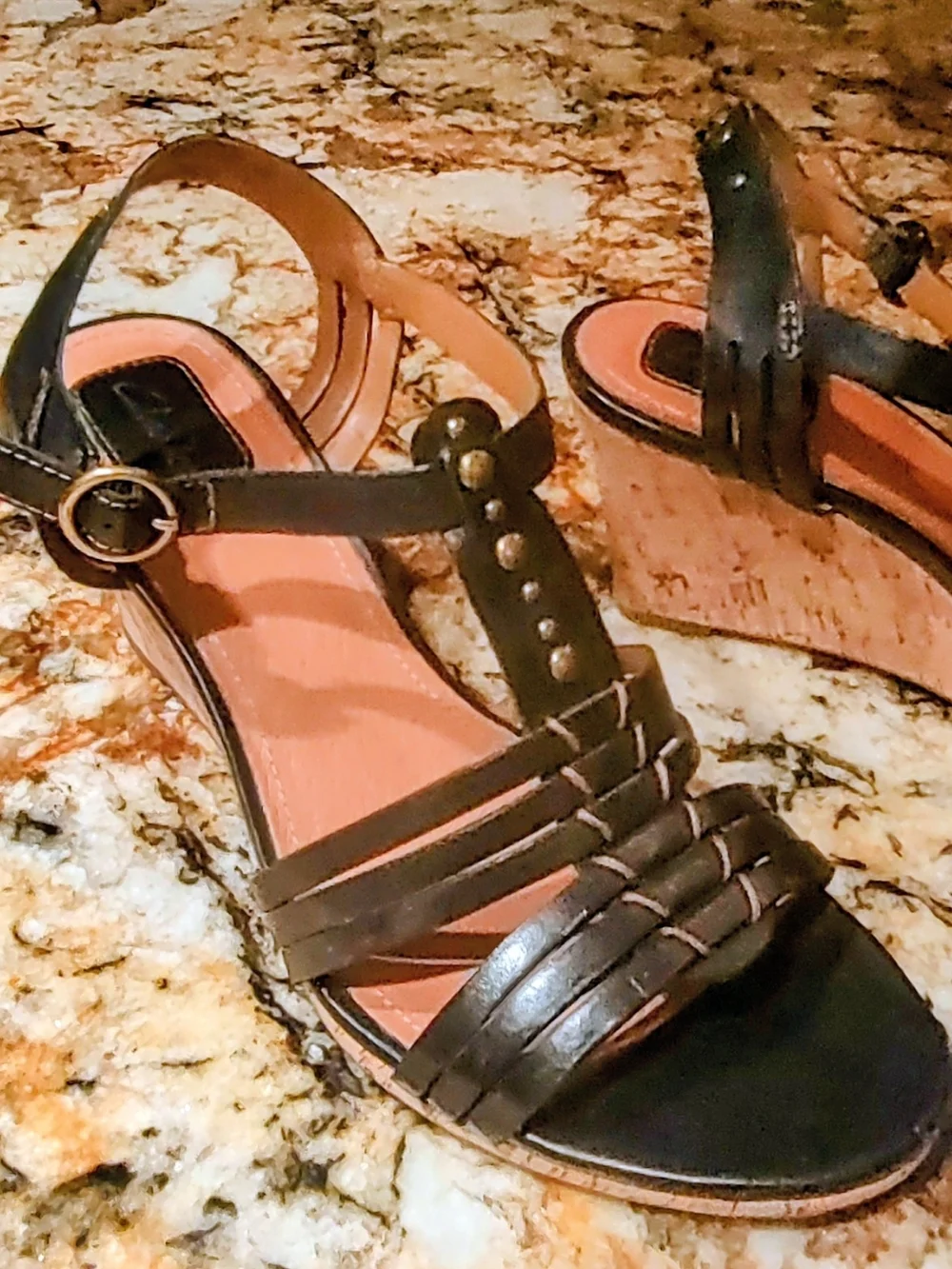 Clarks Black Leather Strappy Wedge Sandals